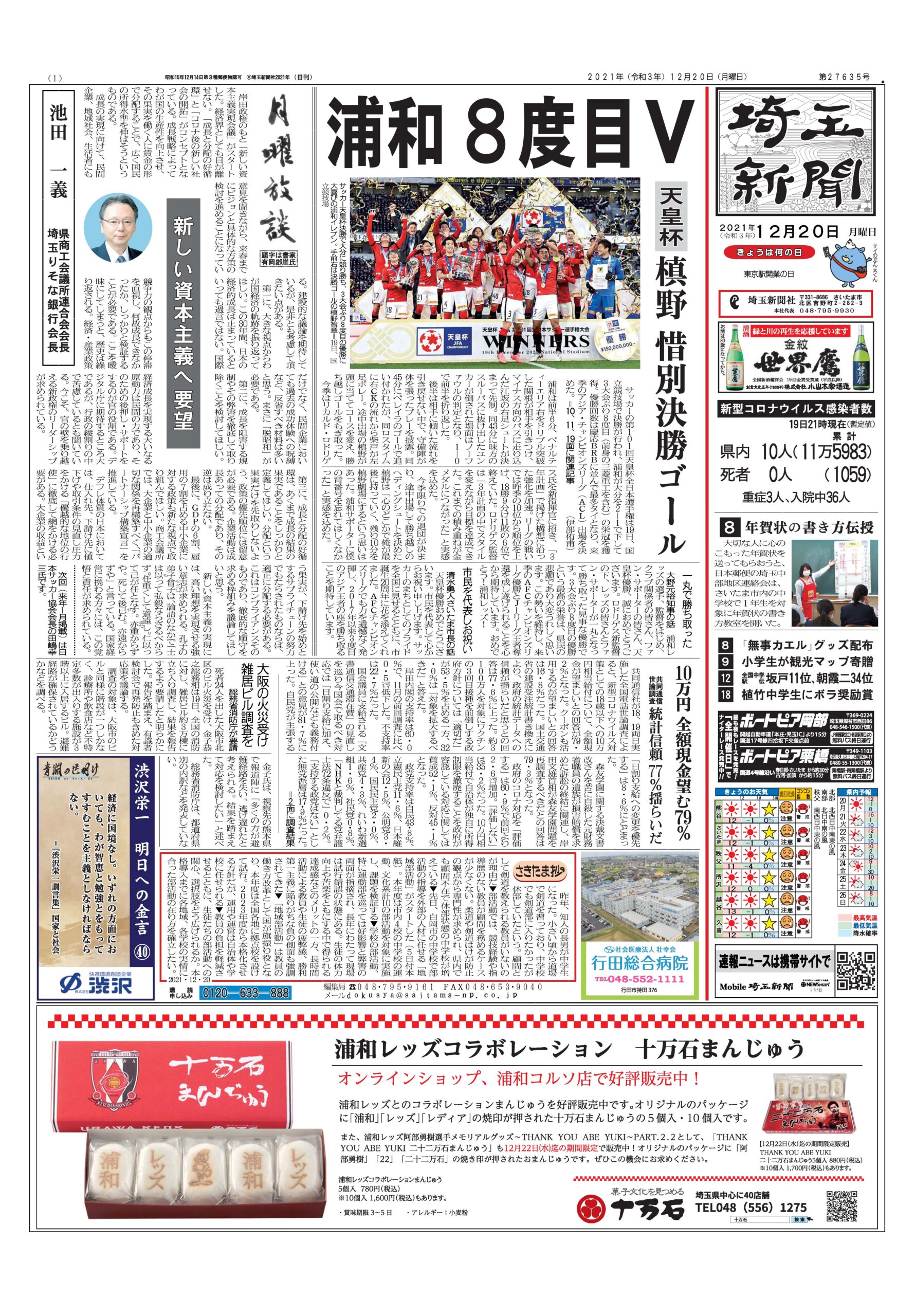 埼玉新聞２０２１年１２月２０日(月)の朝刊で浦和レッズコラボレーションまんじゅう、二十二万石まんじゅうが紹介されました。 イメージ